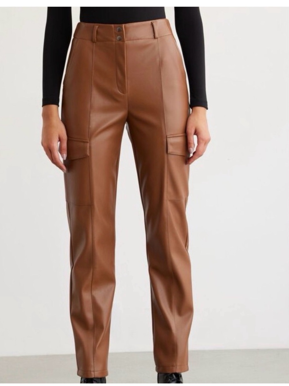 Dynamite Faux Leather Straight Leg Cargo Pants in Brown